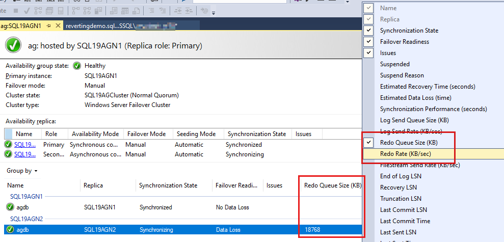 Screenshot that shows adding the counters Redo Queue Size (KB) and Redo Rate (KB/sec).