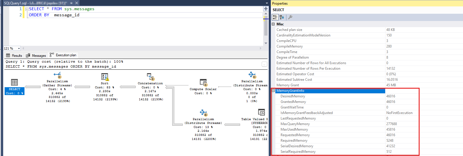Screenshot of a query with a memory grant and query plan.