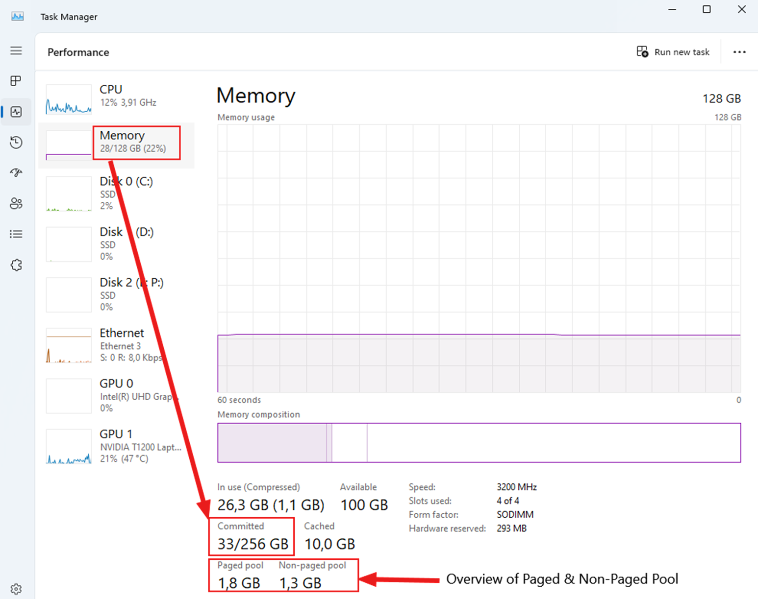 Screenshot of the memory displayed in Task Manager.