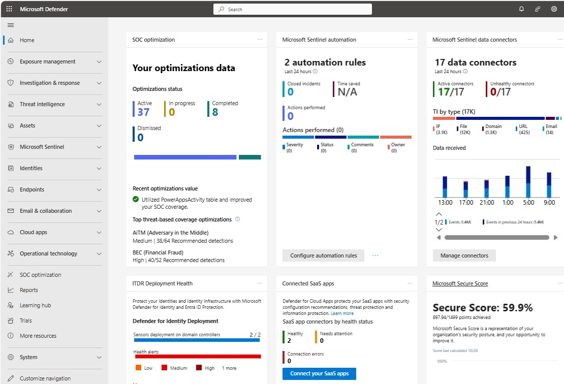 Screenshot of the home page of the Defender portal with unified security operations.