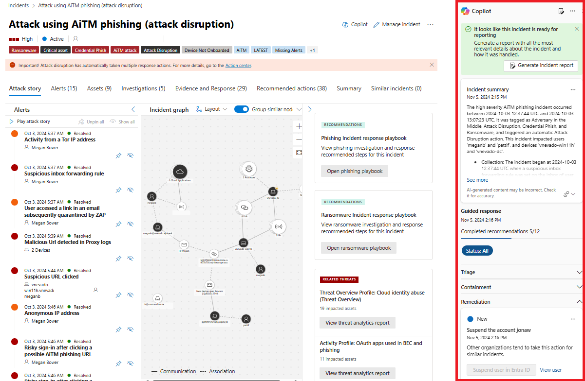 Screenshot that shows the incidents integration of Microsoft Copilot in the Defender.