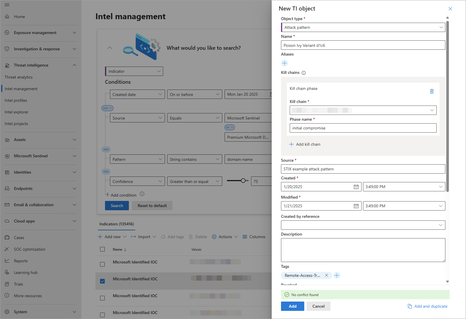 Screenshot of Intel management add new STIX object feature.