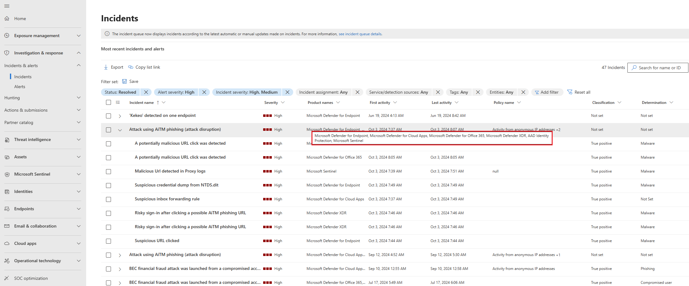 Screenshot showing an incident stitched together from multiple detection streams.