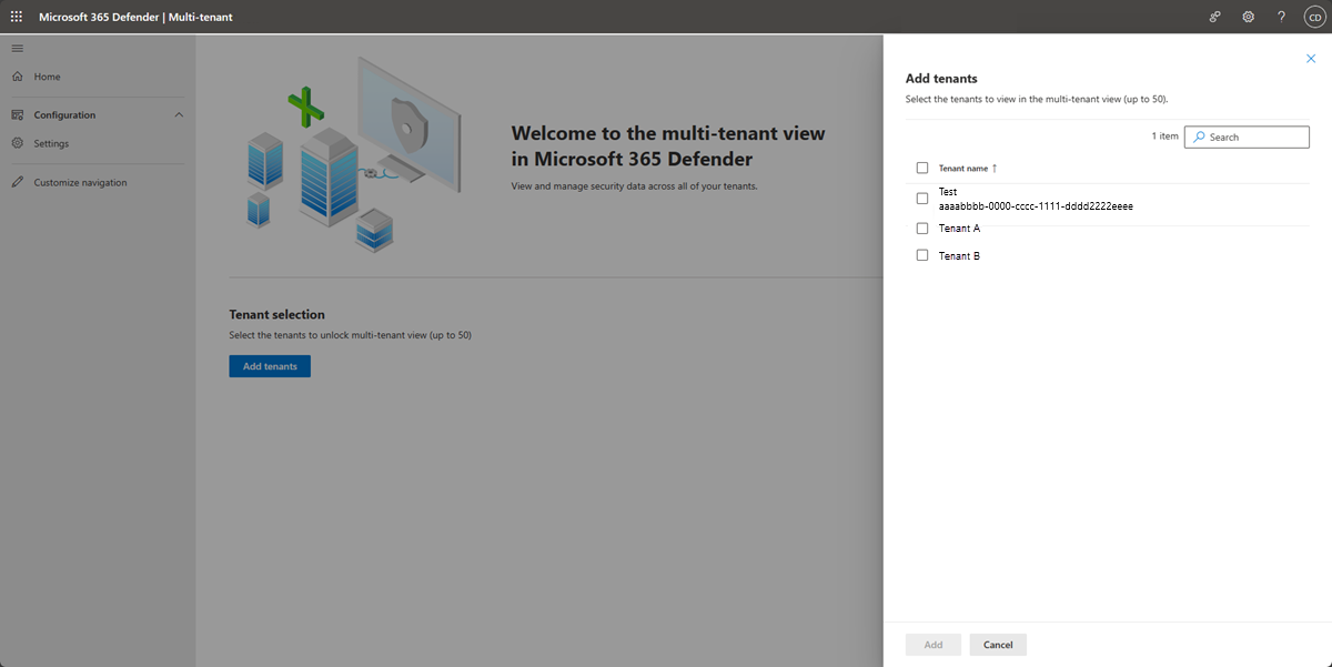 Screenshot of the Microsoft Defender multi-tenant portal setup screen