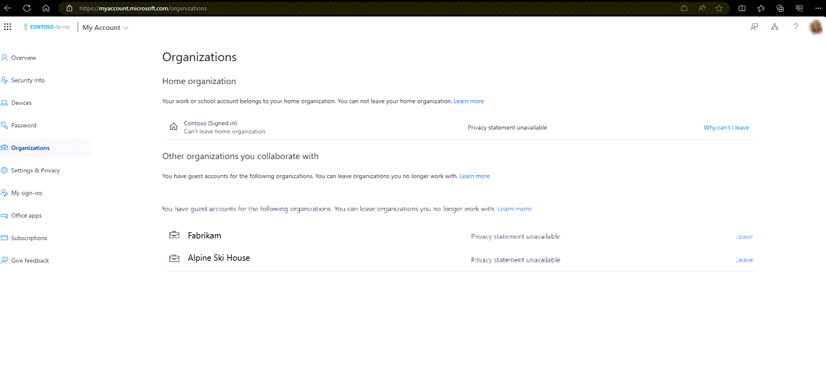 Screenshot of organizations in the myaccount portal