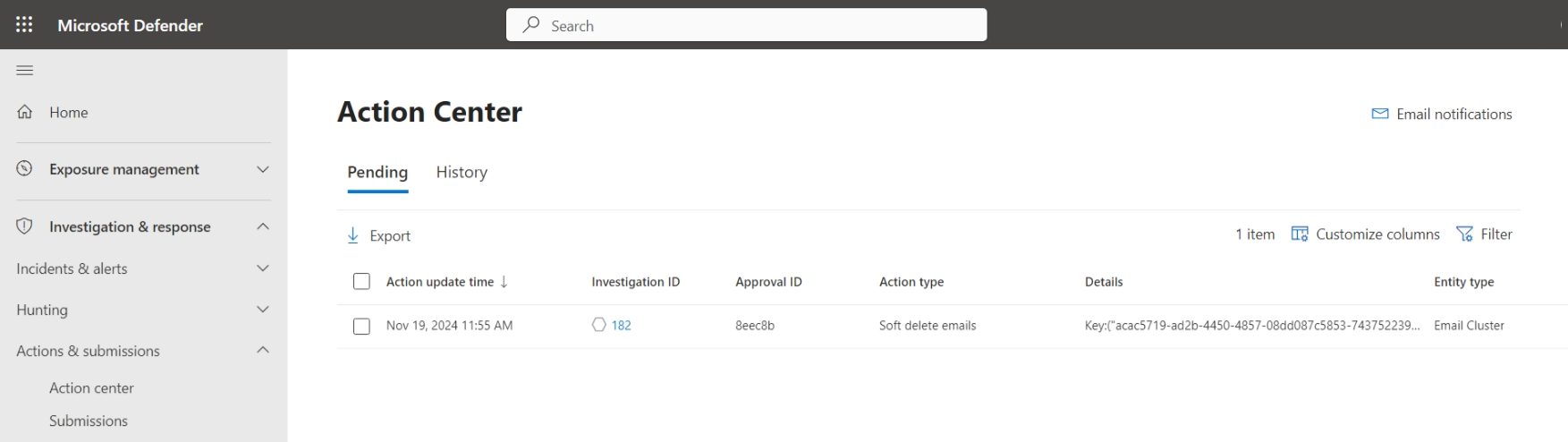Screenshot of the Action Center page in the Microsoft Defender portal