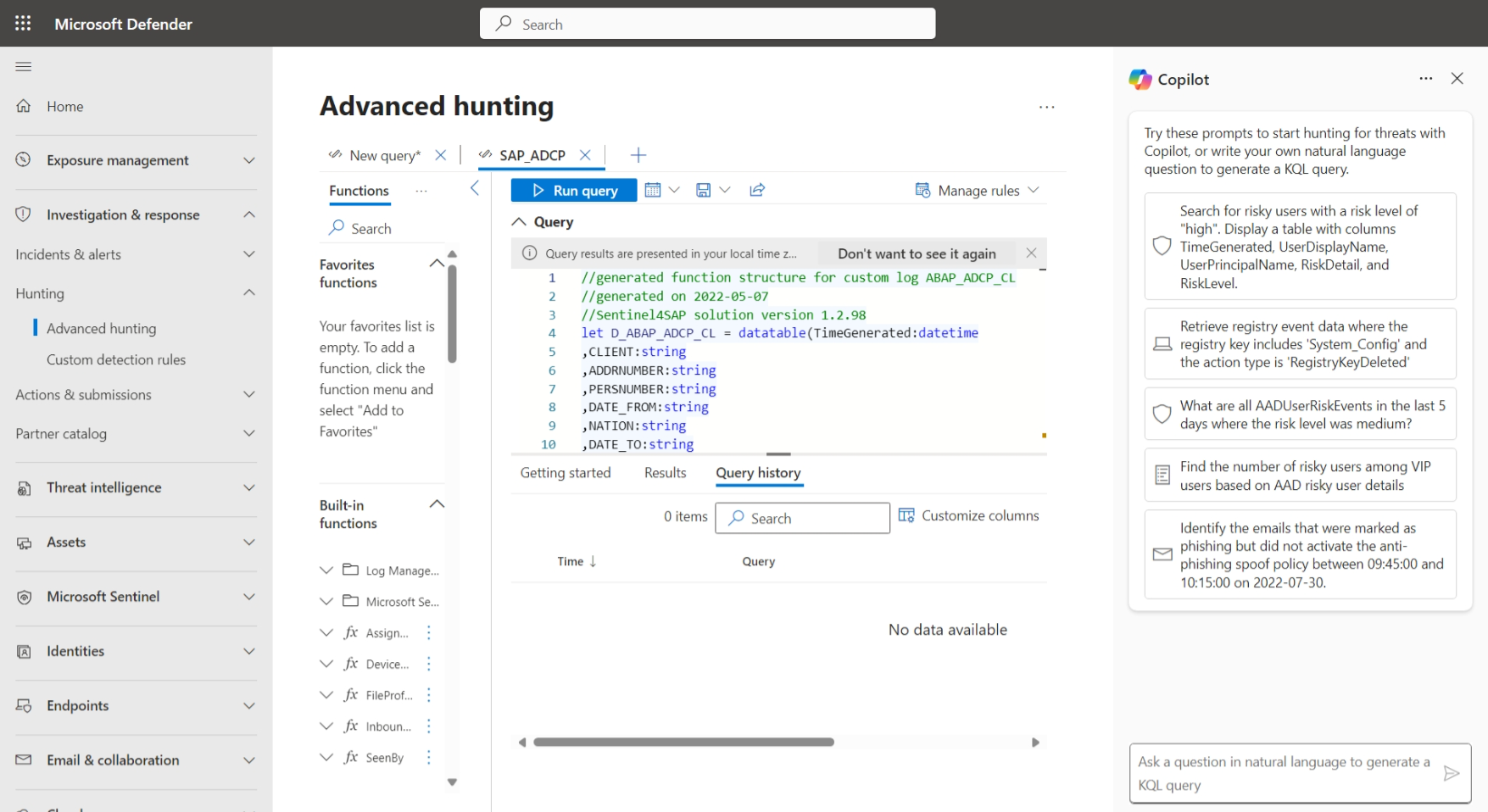 Screenshot of the Advanted Hunting page in the Microsoft Defender portal