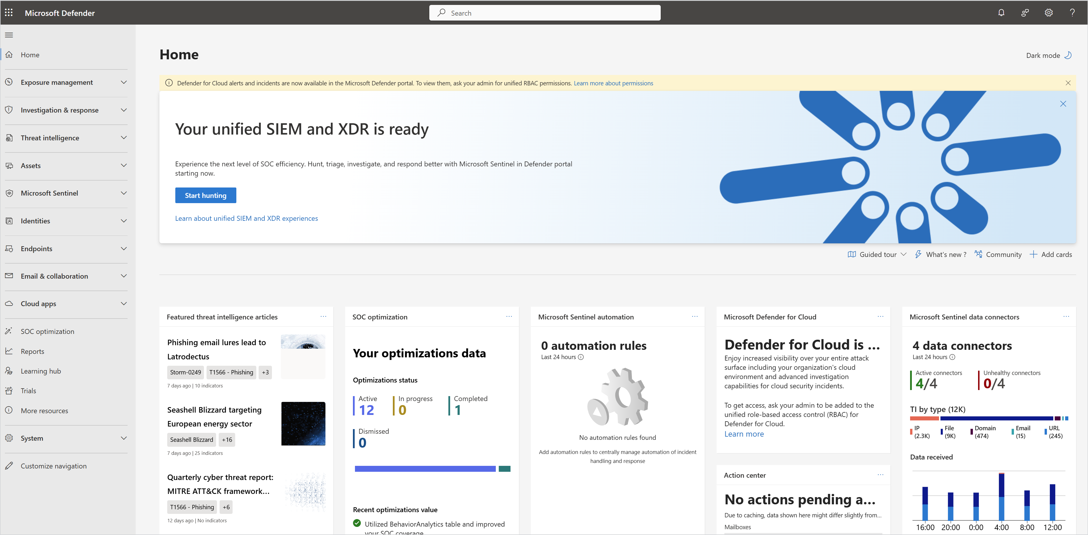 Screenshot of Microsoft Defender portal landing page