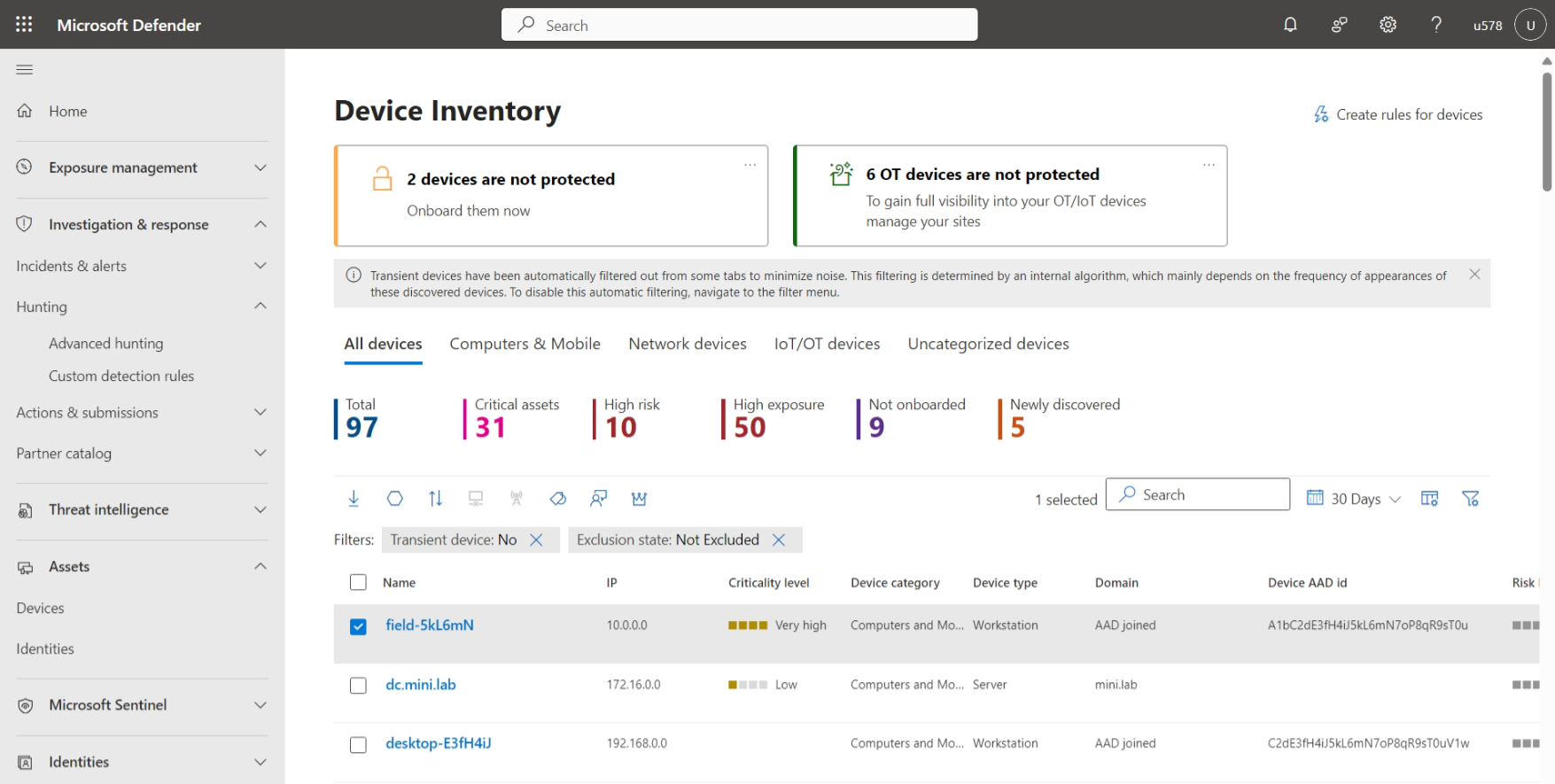 Screenshot of the Device Inventory page in the Microsoft Defender portal