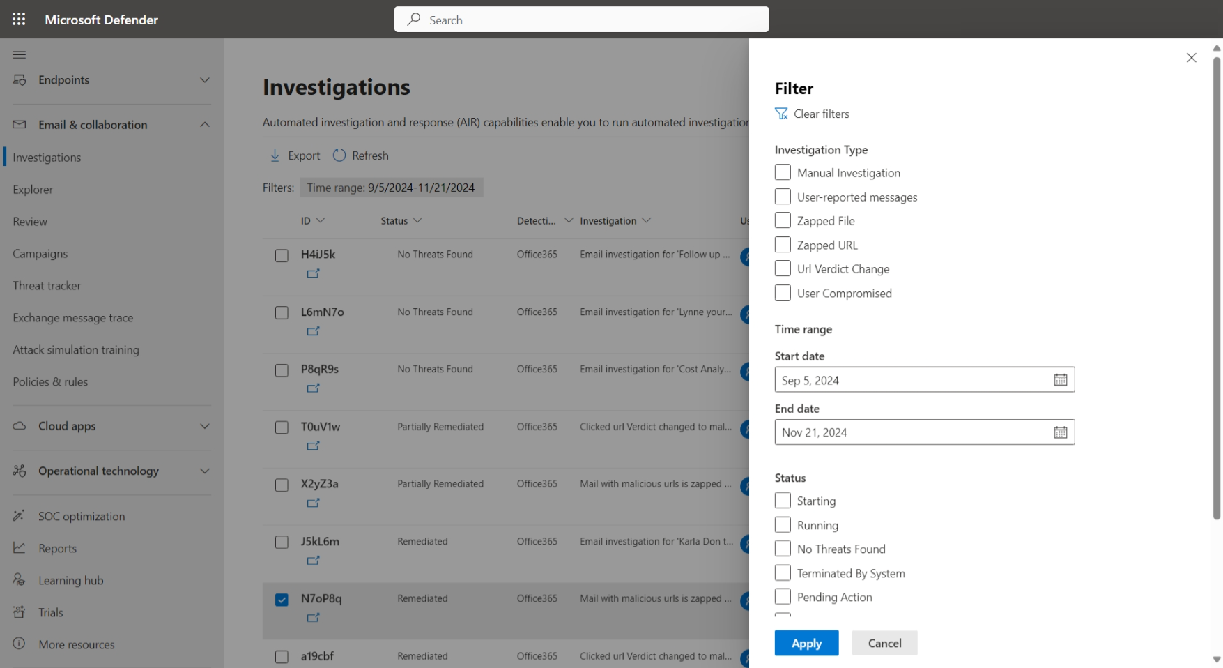Screenshot of the Email Investigations page in the Microsoft Defender portal