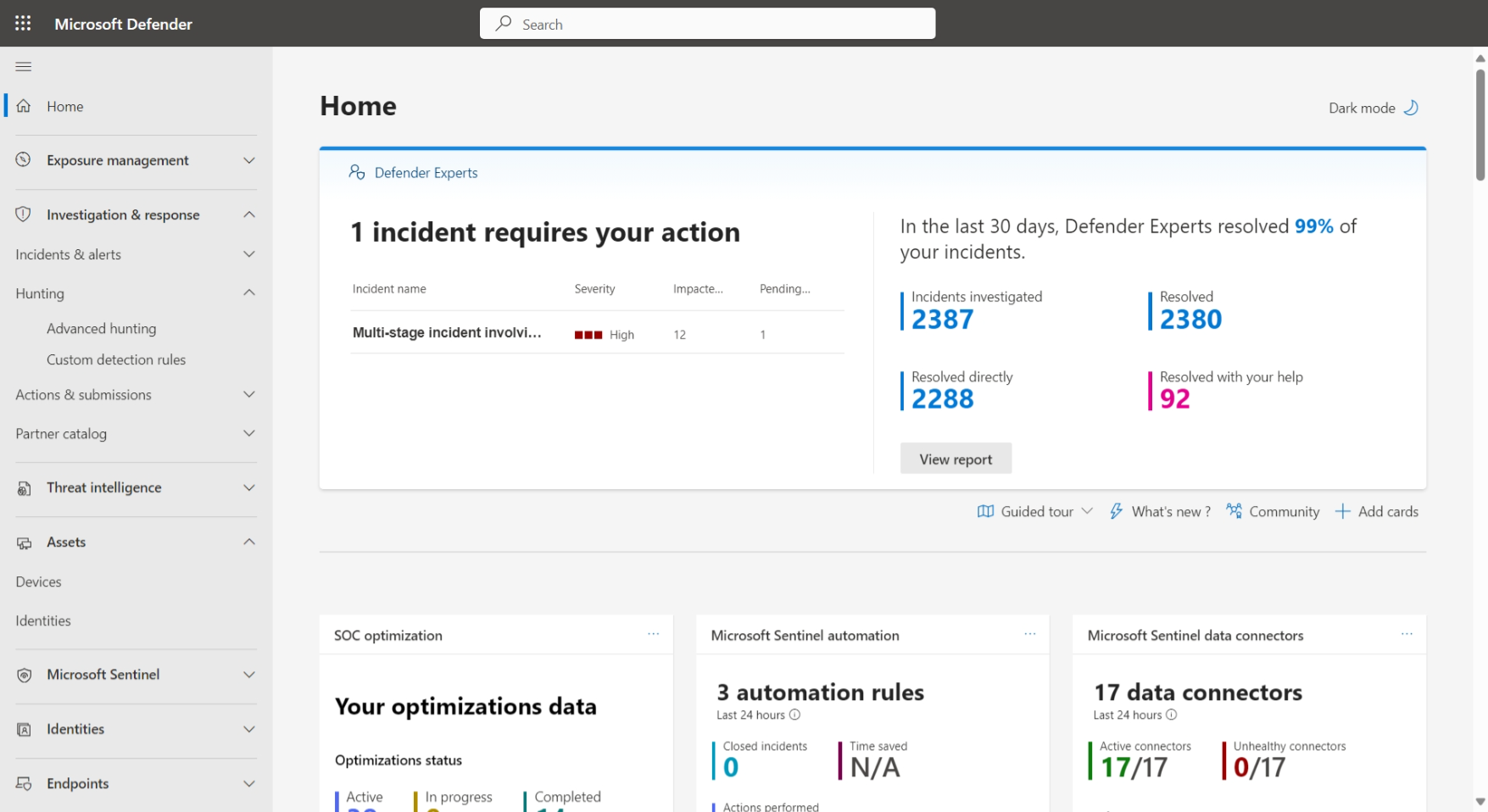 Screenshot of the Home page in the Microsoft Defender portal