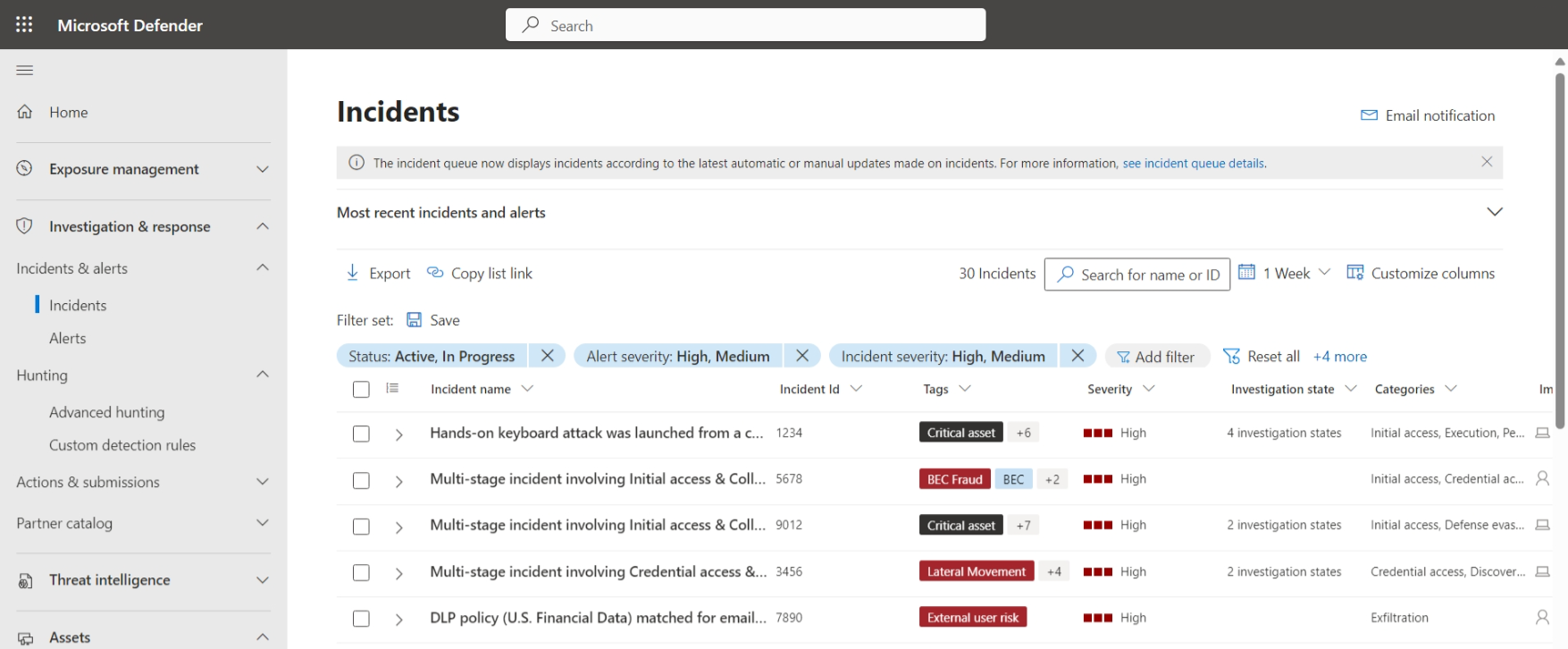 Screenshot of the Incidents page in the Microsoft Defender portal