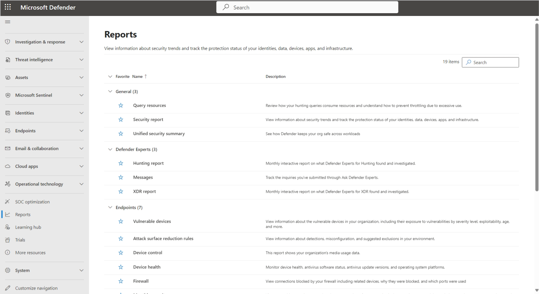 Screenshot of the Reports page in the Microsoft Defender portal