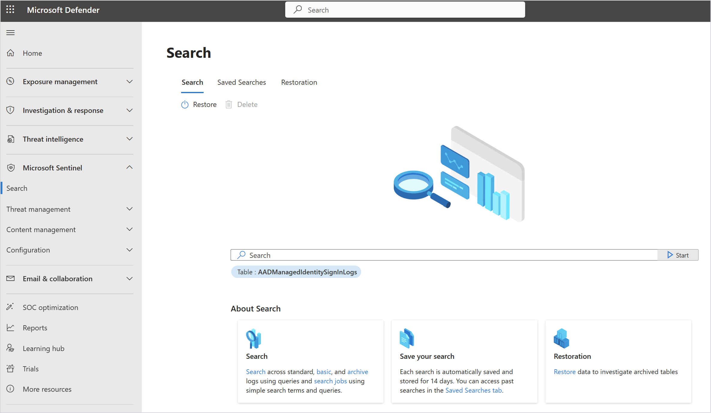 Screenshot of the Sentinel Search page in the Microsoft Defender portal
