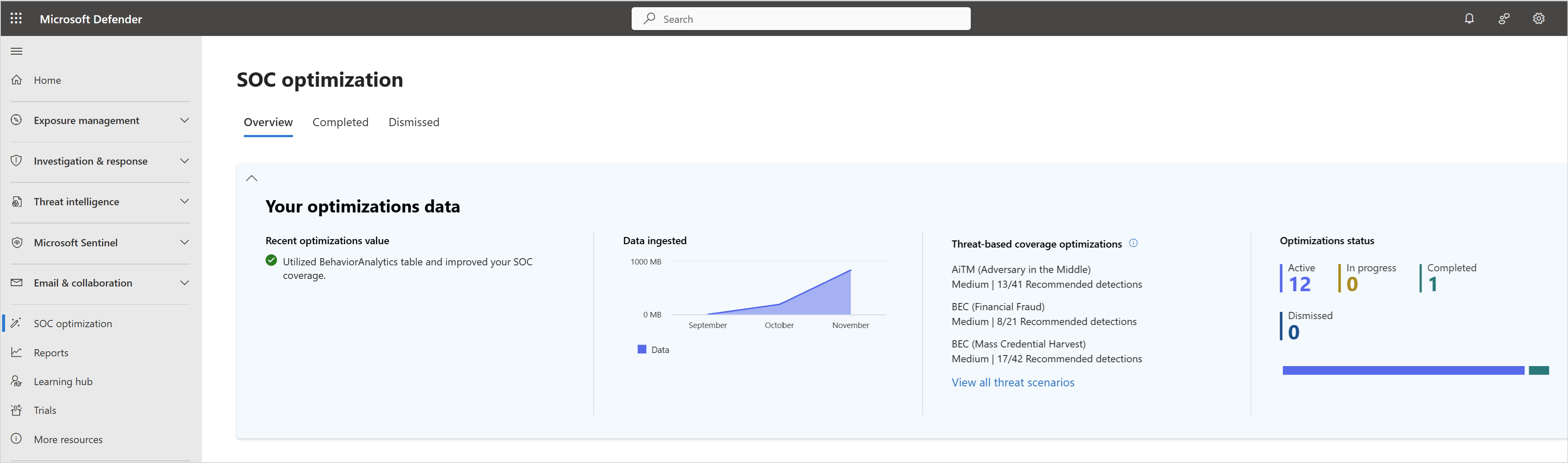 Screenshot of the SOC Optimization page in the Microsoft Defender portal