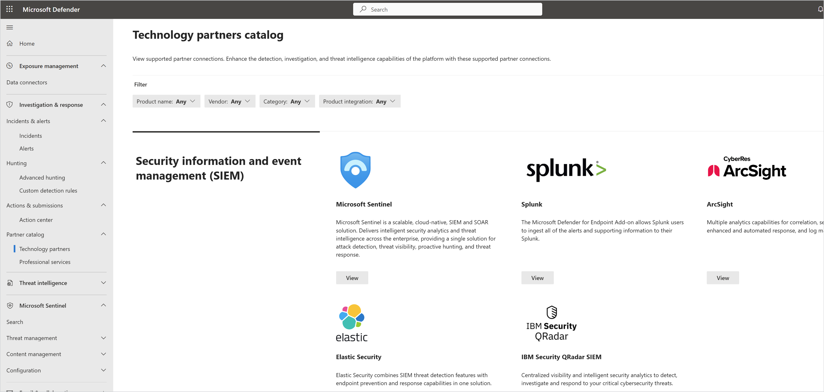 Screenshot of the Technology Partners page in the Microsoft Defender portal