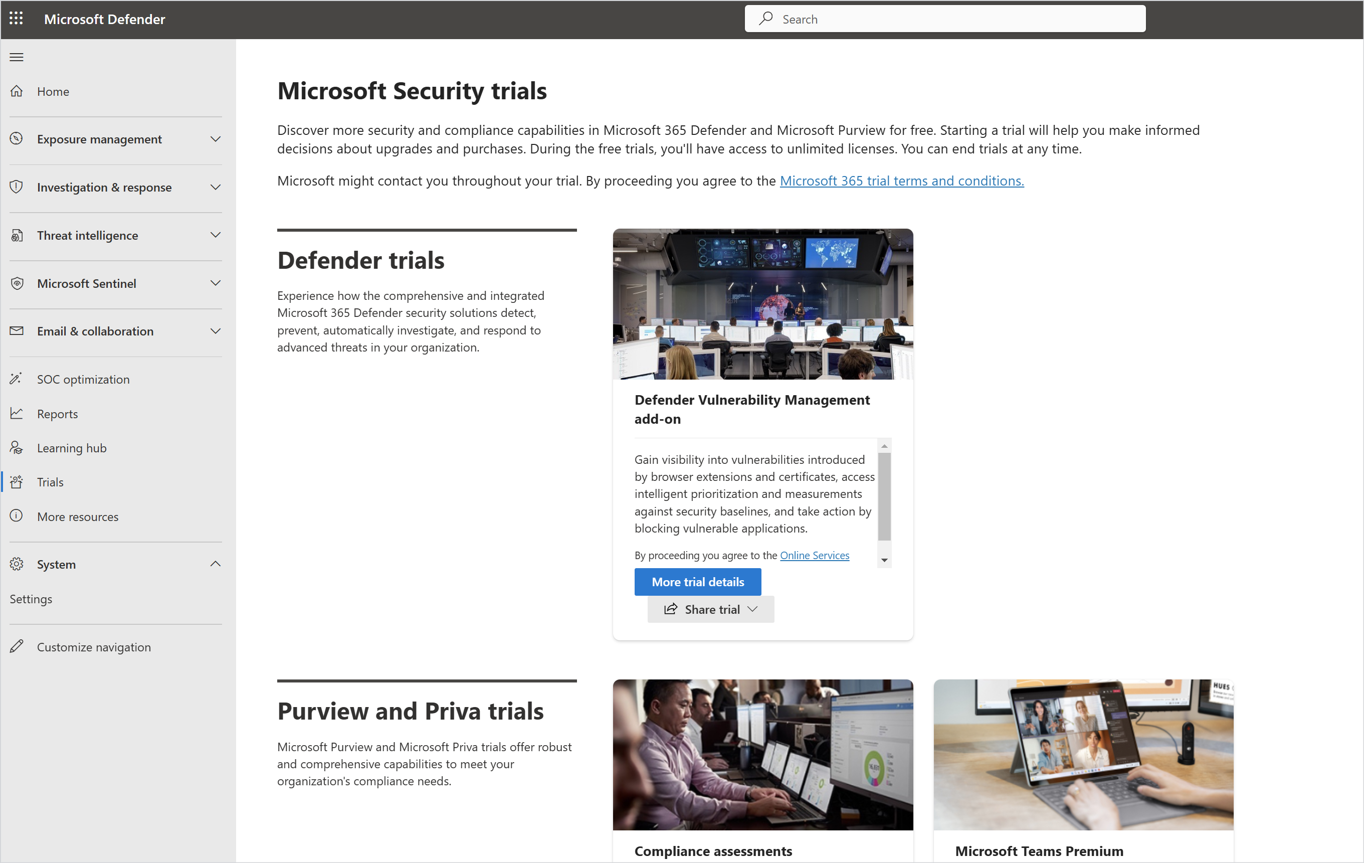 Screenshot of the  page Microsoft Security Trials page in the Microsoft Defender portal