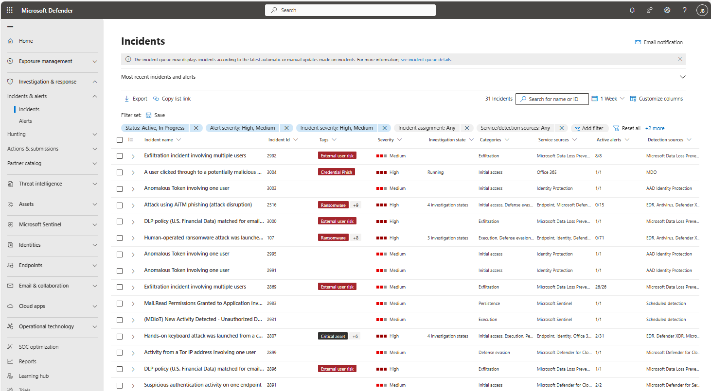 Screenshot of the unified incident queue that shows incidents with multiple service sources.