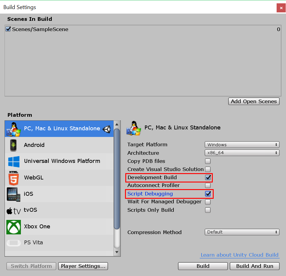 vstu_debugging_build_settings Screenshot of the Unity build settings for debugging.