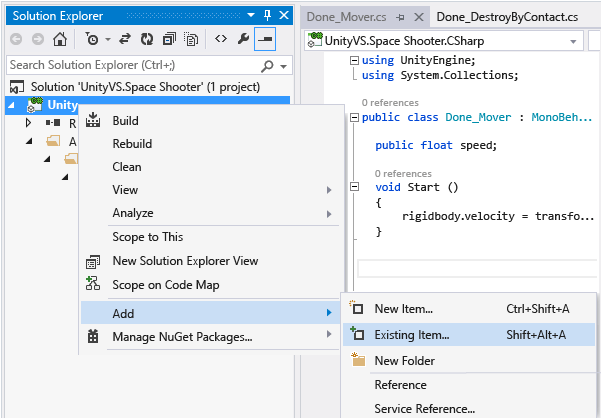 vstu_debugging_dll_add_existing Screenshot of the Add > Existing Item menu.