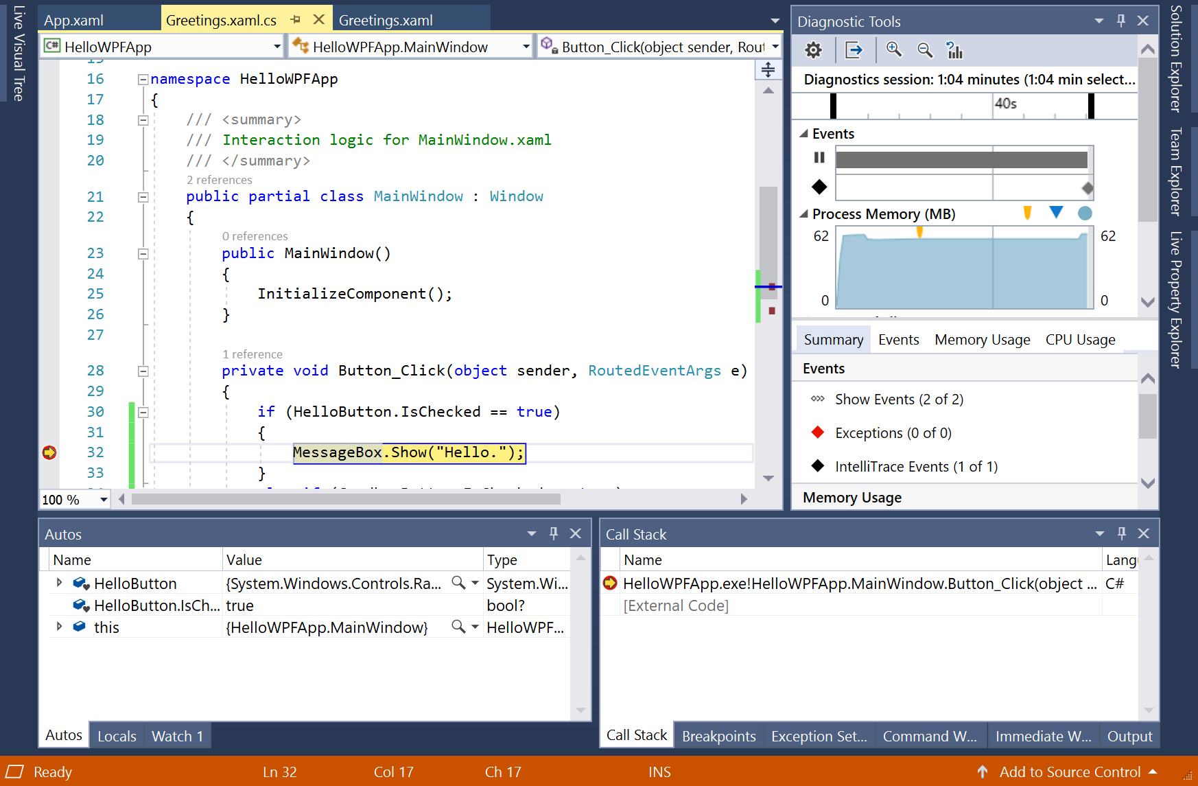 Screenshot of a debug session, with the code window showing execution stopped at a breakpoint highlighted in yellow.