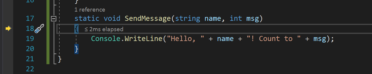 F10 Step Into Screenshot of the execution pointer at the SendMessage method.