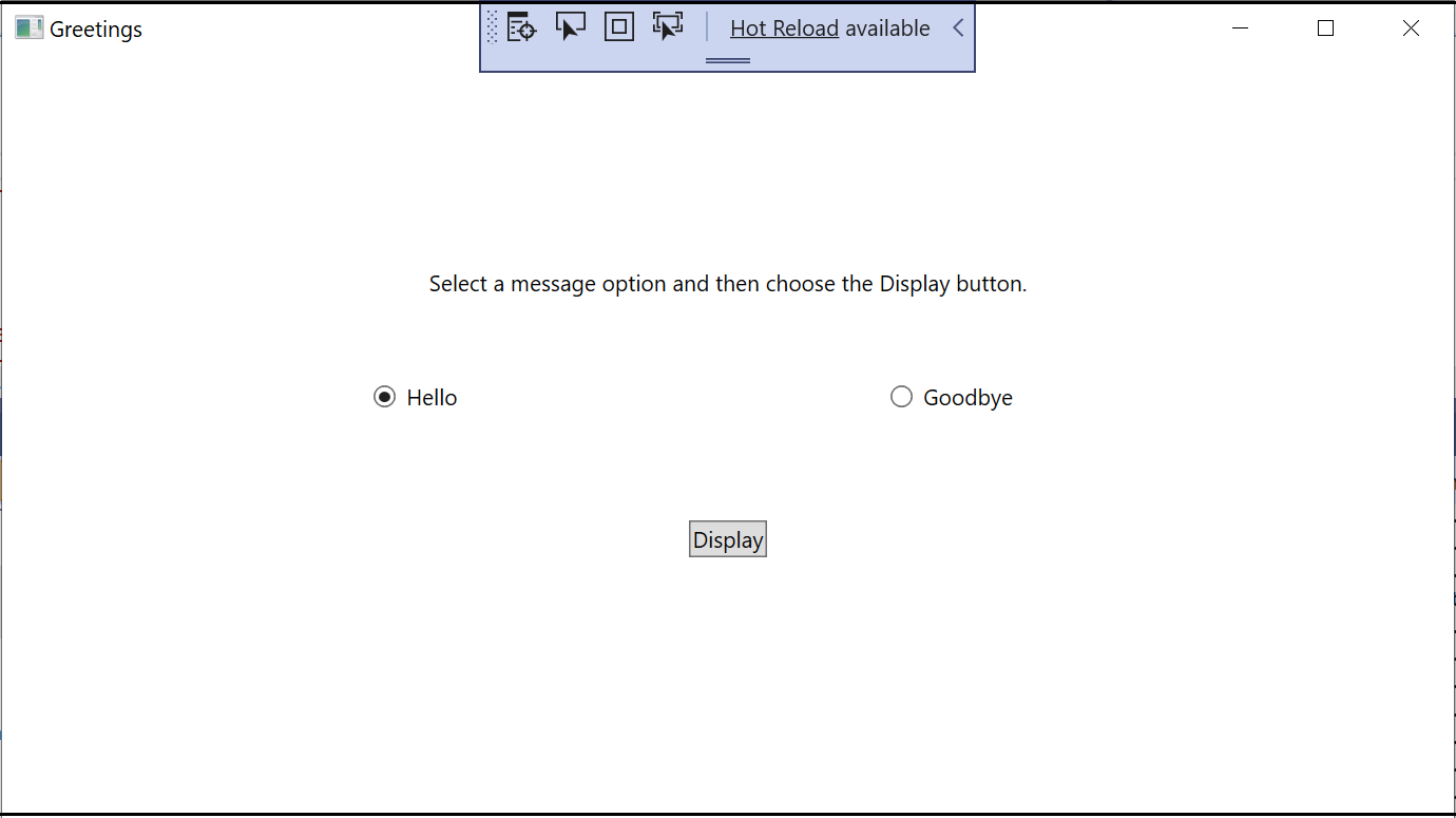 Screenshot of the Greetings window with the TextBlock, RadioButtons, and Button controls visible and 'Hello' selected.