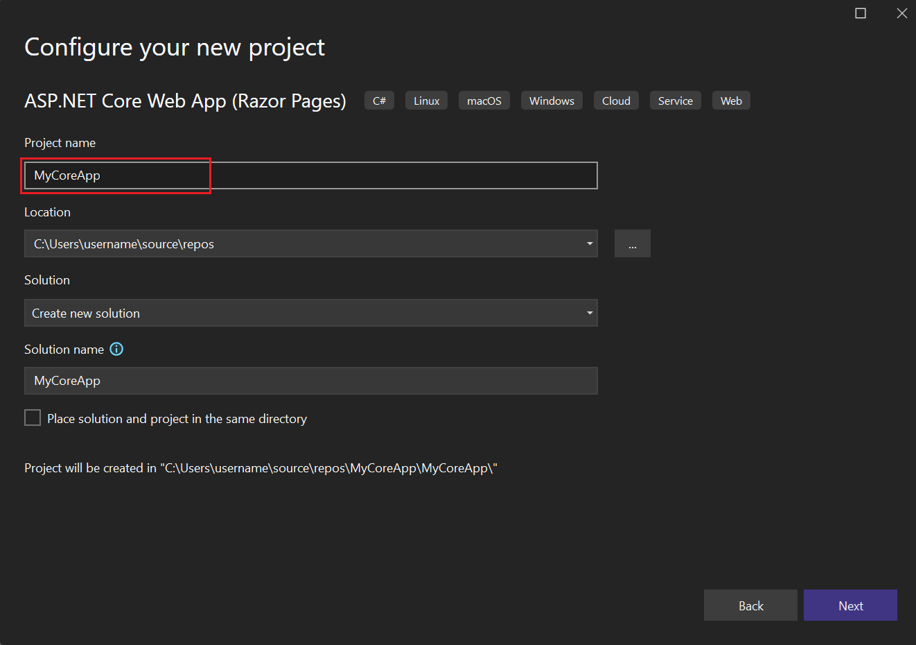 Screenshot that shows the Configure your new project window in Visual Studio with MyCoreApp entered in the Project name field.