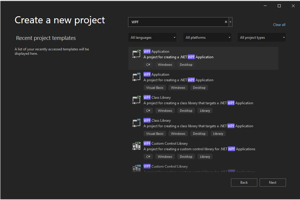 Screenshot of the 'Create a new project' dialog with 'WPF' in the search box, and the 'WPF Application' template highlighted.