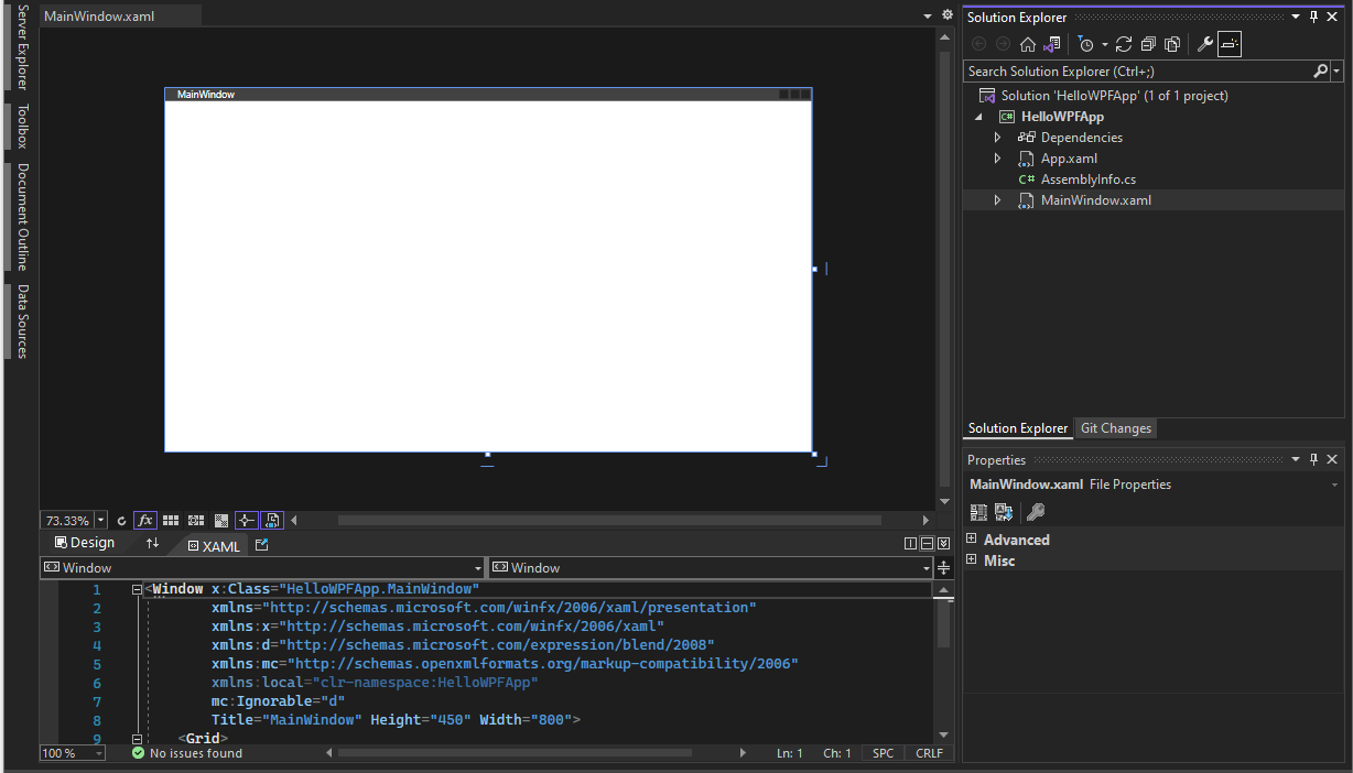 Screenshot of the project and solution in Solution Explorer, and the XAML and designer views of 'MainWindow.xaml' open.