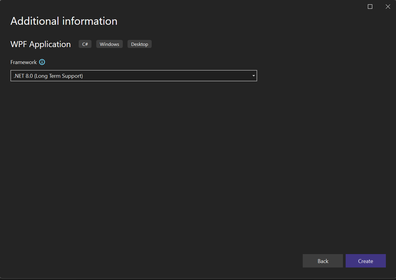 Screenshot that shows the Additional information window with .NET 8.0 selected as the target framework for the new project.