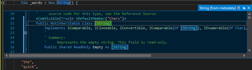 Screenshot of a Peek Definition pop-up window that contains the definition of the String class.