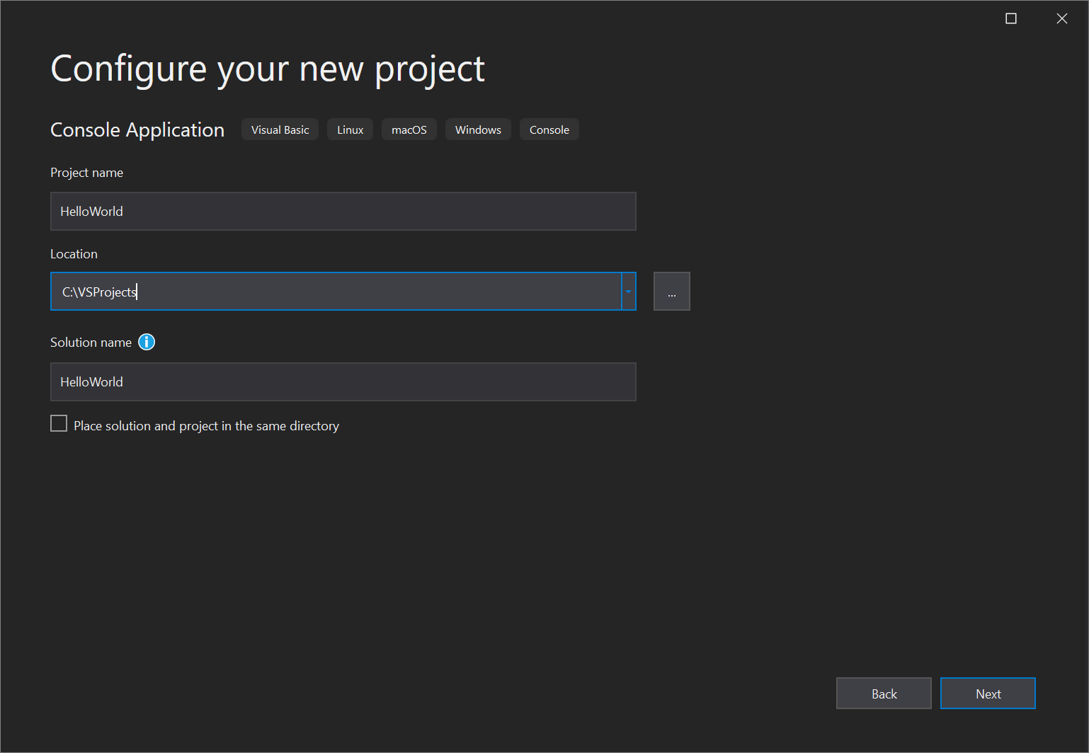Screenshot showing the Configure your new project dialog in Visual Studio 2019 and the options to set, including the project name and project location.
