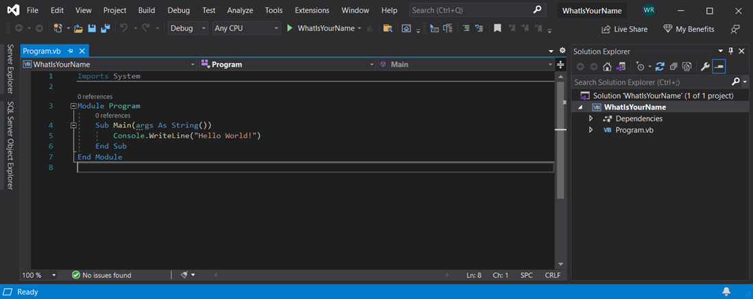 Screenshot showing the default 'Hello World' code.