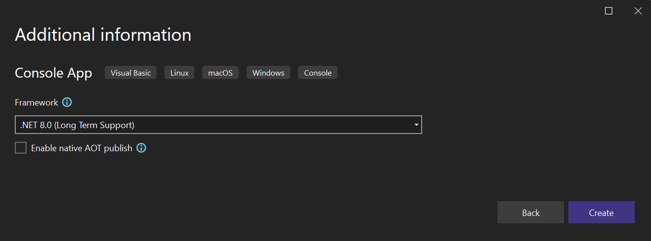 Screenshot of the Additional information window with dot NET 8.0 selected.