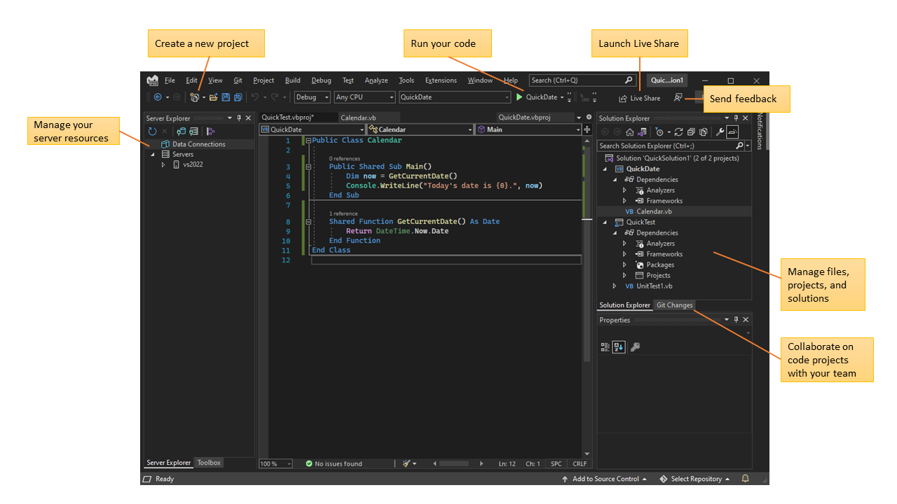 Screenshot of the Visual Studio IDE with Visual Basic code and key functionality.