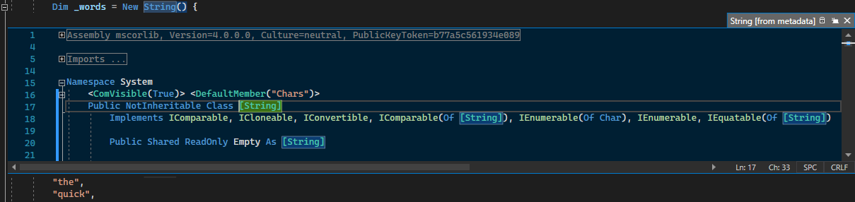 Screenshot of a Peek Definition pop-up window that contains the definition of the String class.