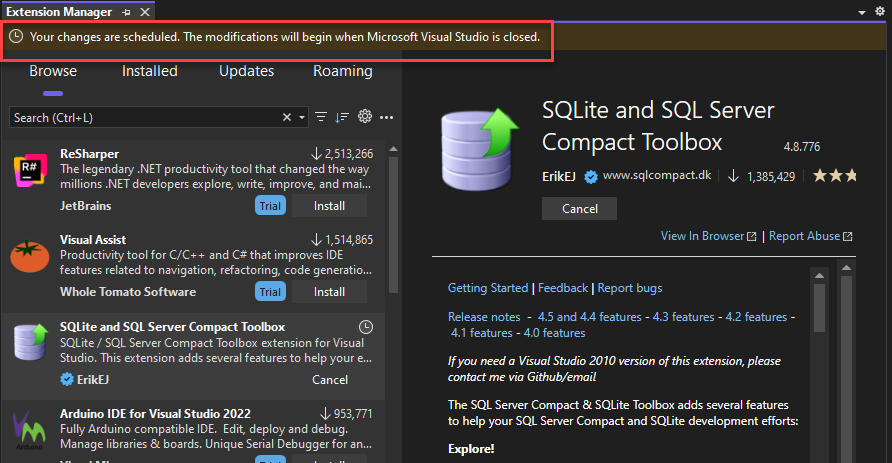Screenshot that shows the notification in Extension Manager stating that changes are scheduled.