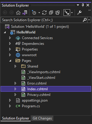 Screenshot shows Index.cshtml selected under the Pages node in the Solution Explorer.