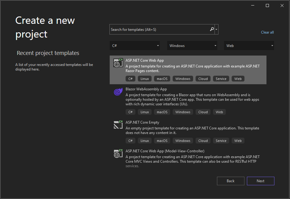 Screenshot that shows the ASP.NET Core Web App project template selected and highlighted on the Create a new project page.
