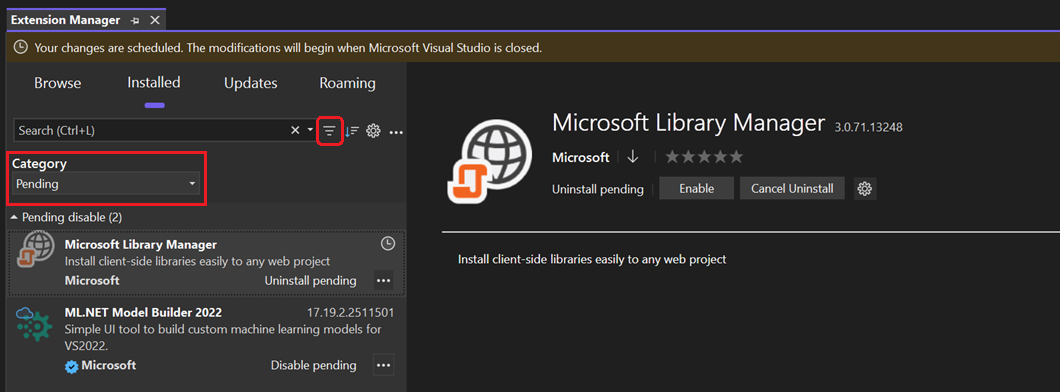 Screenshot showing how to filter the extension list to view only extensions that have pending updates.