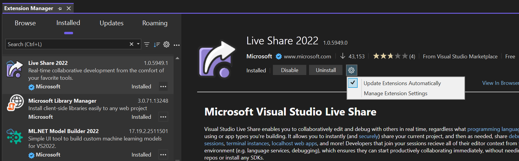 Screenshot showing how to configure whether an extension is updated automatically.