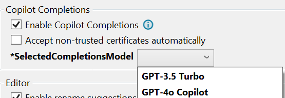 Screenshot that shows the dropdown list for selecting a completions model.