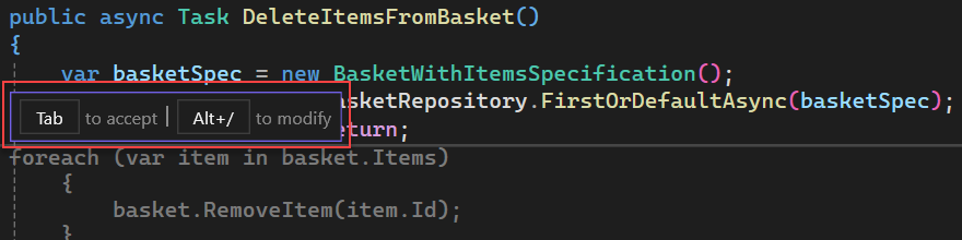 Screenshot that shows suggestions to accept or modify a GitHub Copilot code suggestion in Visual Studio.