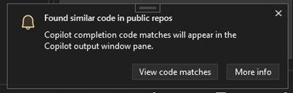 Screenshot that shows GitHub Copilot Completions code referencing in Visual Studio.