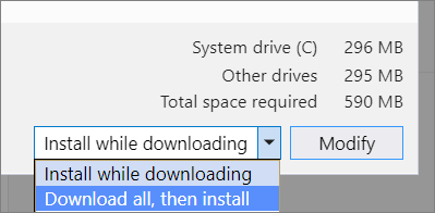 Screenshot of the download and install options in Visual Studio Installer.