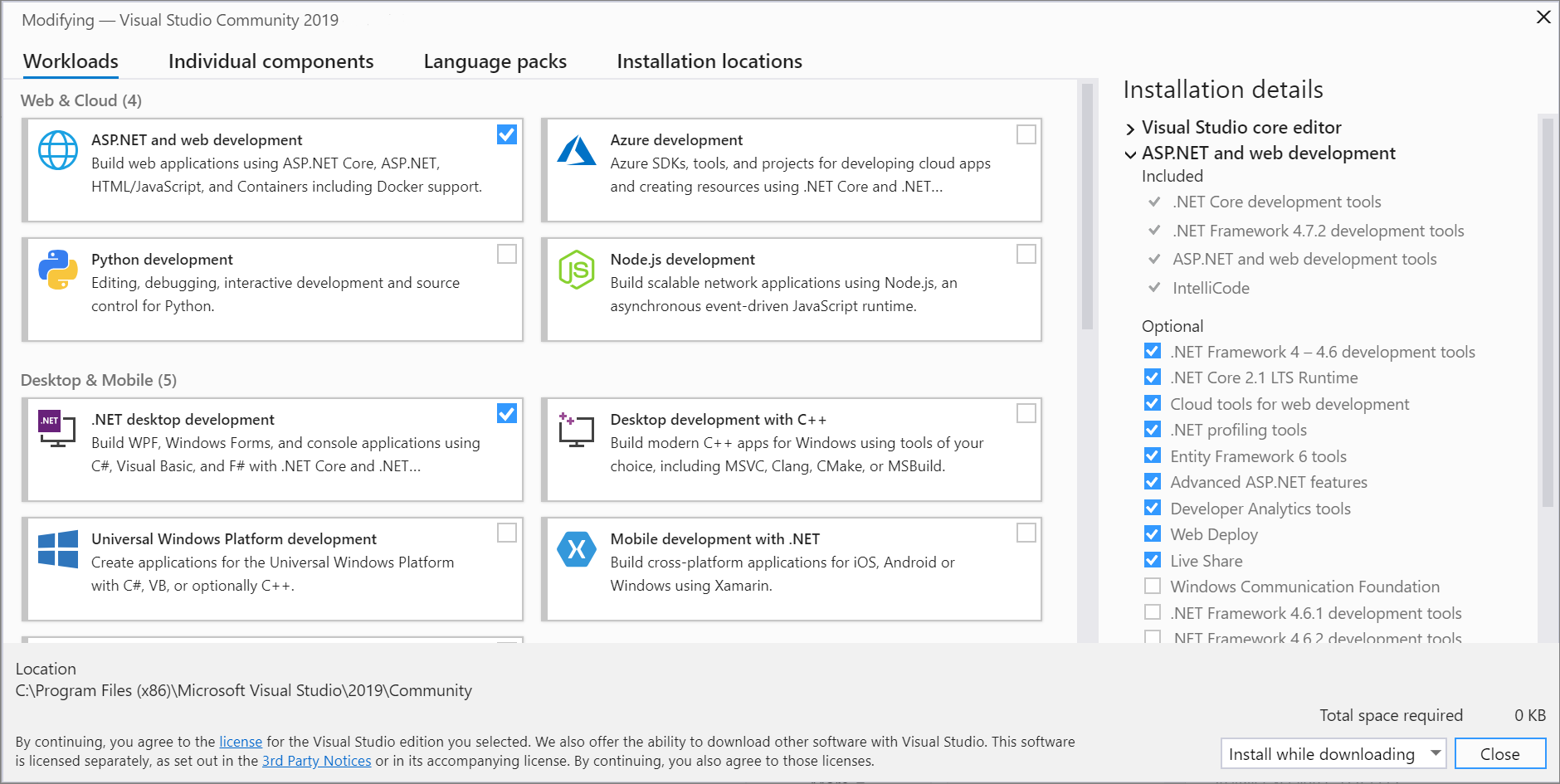 Screenshot of the Workloads tab of Visual Studio Installer.