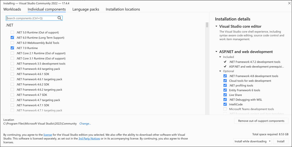 Screenshot of the Individual components tab of Visual Studio Installer.