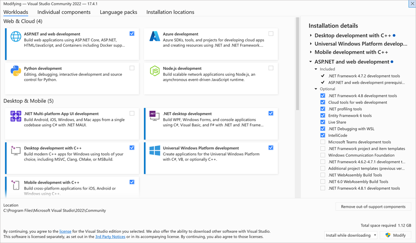 Screenshot of the Workloads tab of Visual Studio Installer.