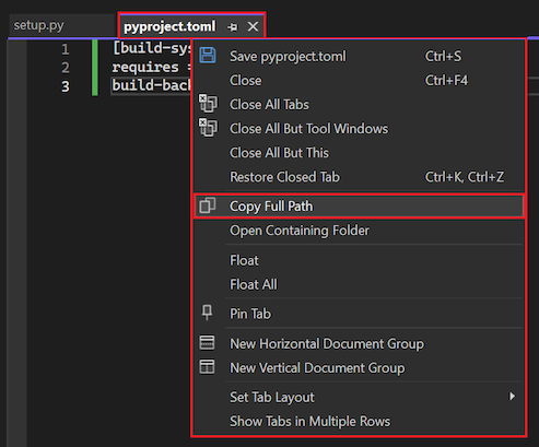 Screenshot that shows how to copy the full path to the py project toml file in Visual Studio.